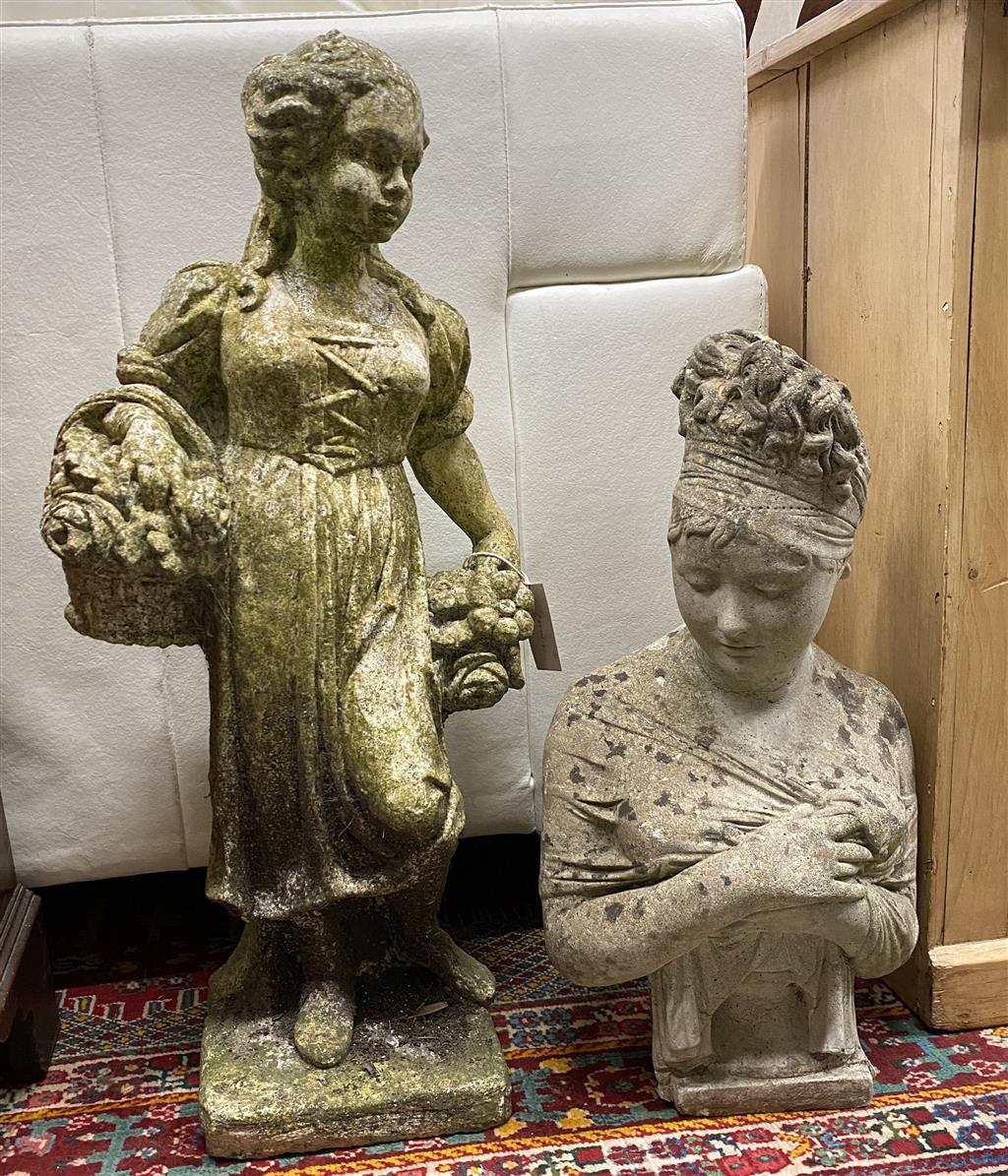 A reconstituted stone garden ornament of a girl with basket of flowers, together with a reconstituted stone female bust, larger 72cm hi